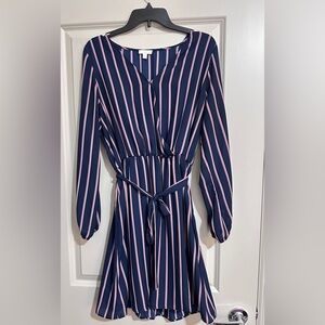 Chic Striped Long Sleeve Dress in Navy and Pink